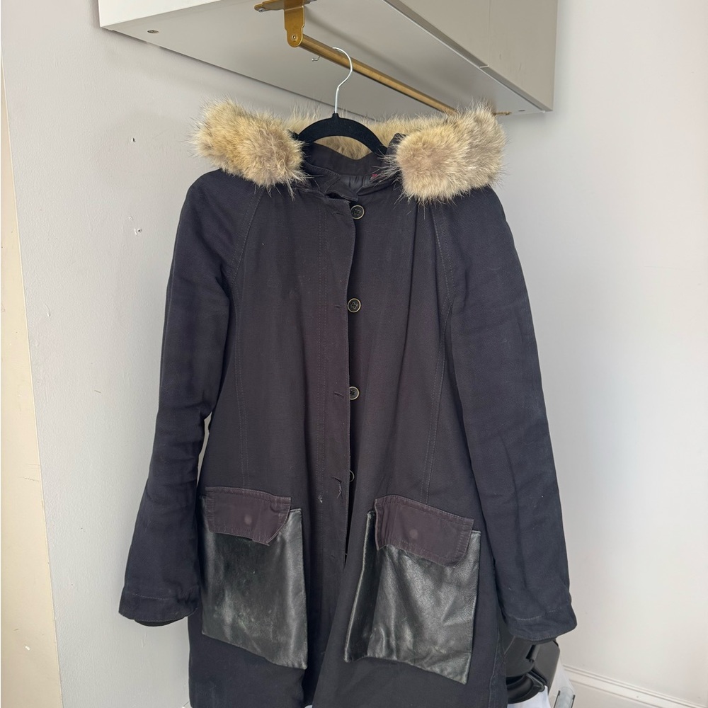 Marc By Marc Jacobs Black and Cream Puffer Coat with Faux Fur Trim